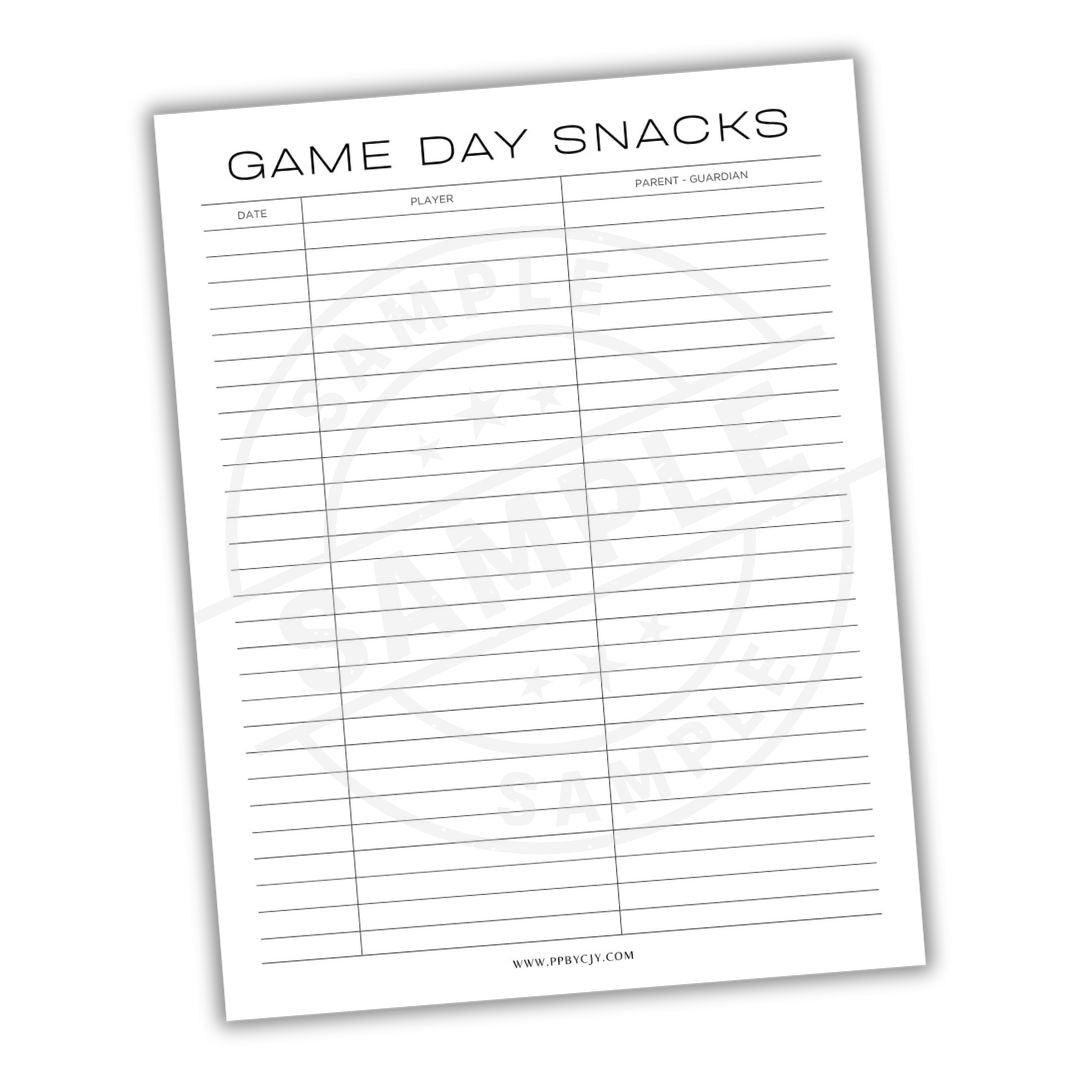Sheet of paper titled 'Game Day Snacks' with a grid for recording details.
