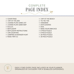 A page index cover for a planner, showing the title 'COMPLETE PAGE INDEX' and a bulleted list of included page titles such as cover page, I Spy at the Zoo, license plate game map, M.A.