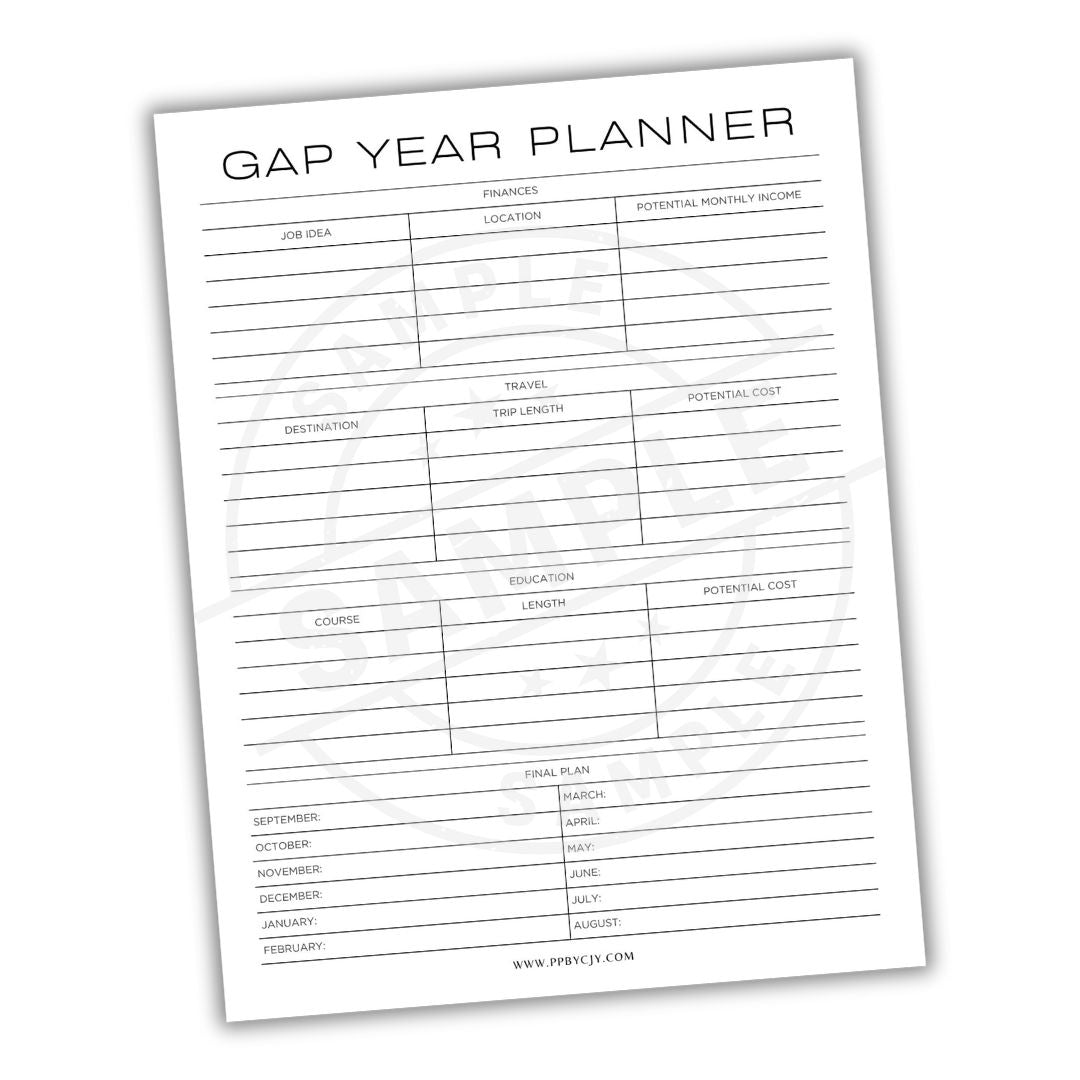 Gap Year Planner with columns for job ideas, finances, travel, education, and a timeline.