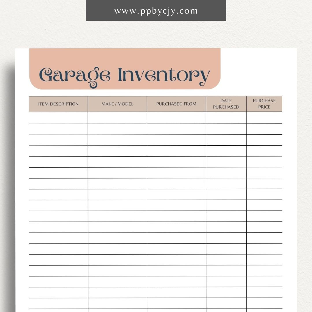 Garage Home Inventory Printable Template – Digital download for cataloging and managing items stored in your garage.