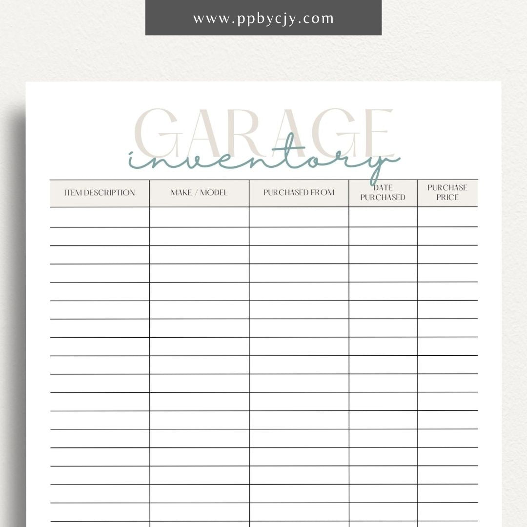 Garage Home Inventory Printable Template – Digital download for cataloging and managing items stored in your garage.