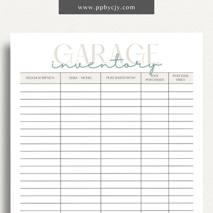 Garage Home Inventory Printable Template – Digital download for cataloging and managing items stored in your garage.