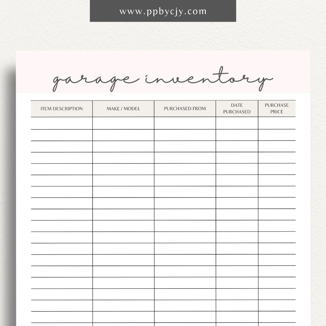 Garage Home Inventory Printable Template – Digital download for cataloging and managing items stored in your garage.