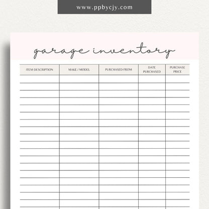 Garage Home Inventory Printable Template – Digital download for cataloging and managing items stored in your garage.