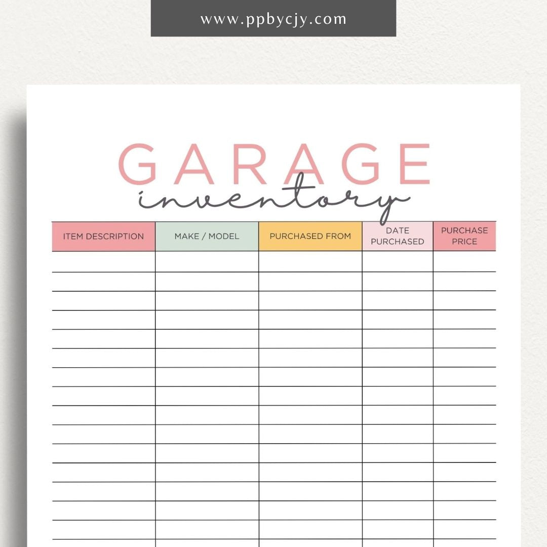 Garage Home Inventory Printable Template – Digital download for cataloging and managing items stored in your garage.