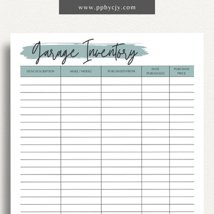 Garage Home Inventory Printable Template – Digital download for cataloging and managing items stored in your garage.