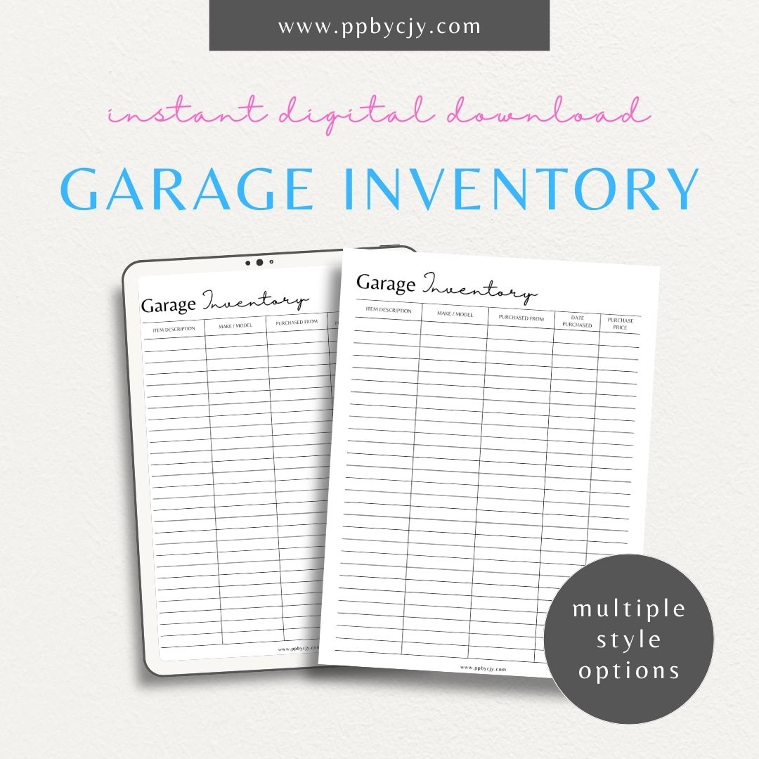 Garage Home Inventory Printable Template – Digital download for cataloging and managing items stored in your garage.