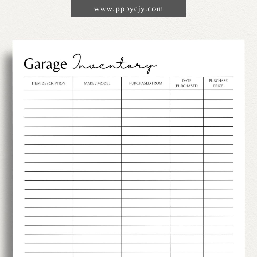 Garage Home Inventory Printable Template – Digital download for cataloging and managing items stored in your garage.