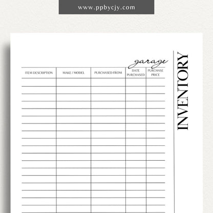 Garage Home Inventory Printable Template – Digital download for cataloging and managing items stored in your garage.