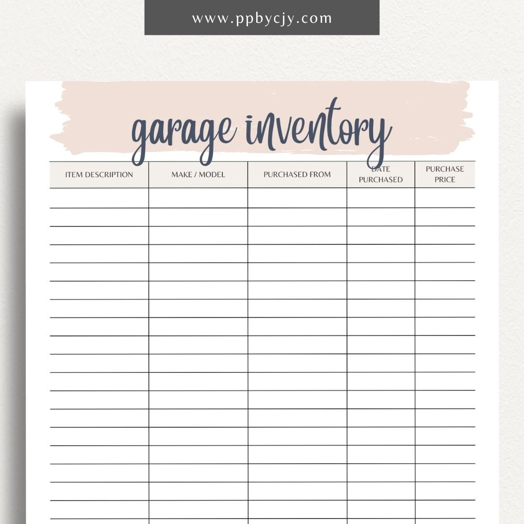 Garage Home Inventory Printable Template – Digital download for cataloging and managing items stored in your garage.