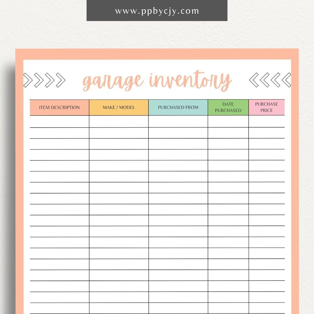 Garage Home Inventory Printable Template – Digital download for cataloging and managing items stored in your garage.