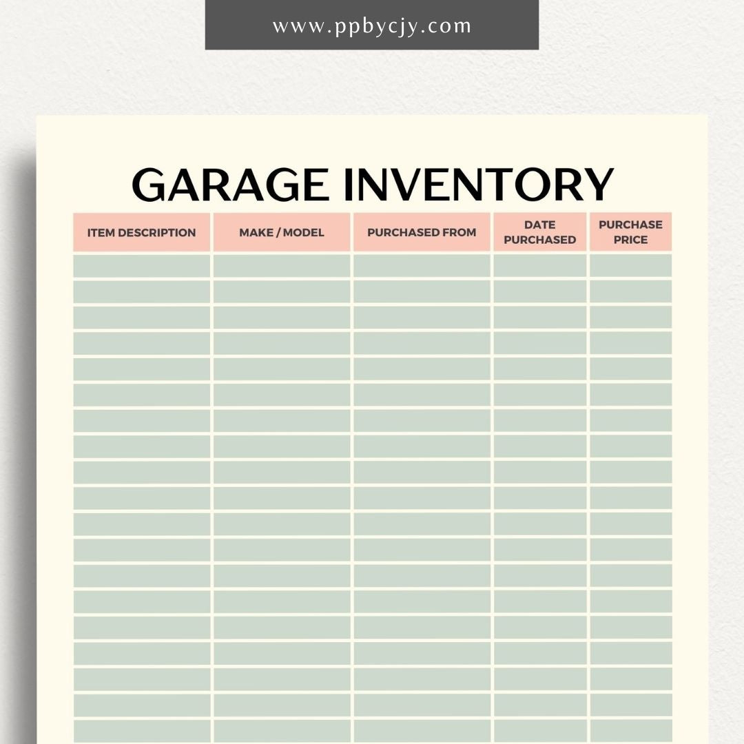 Garage Home Inventory Printable Template – Digital download for cataloging and managing items stored in your garage.