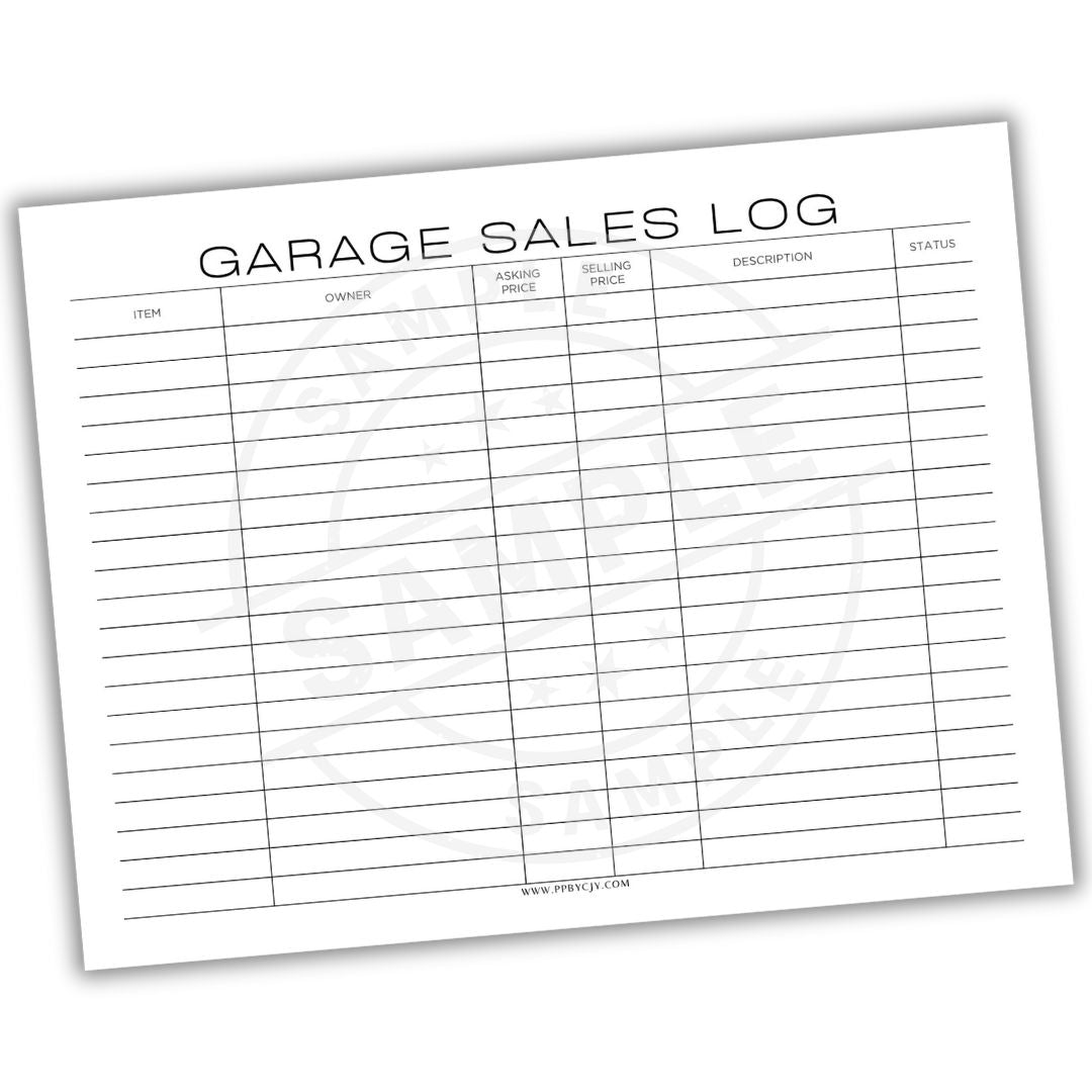 Garage sales log sheet with columns for item, owner, price, description, and status.