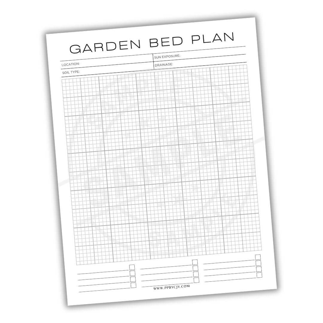 Garden bed plan with grid layout on a white background