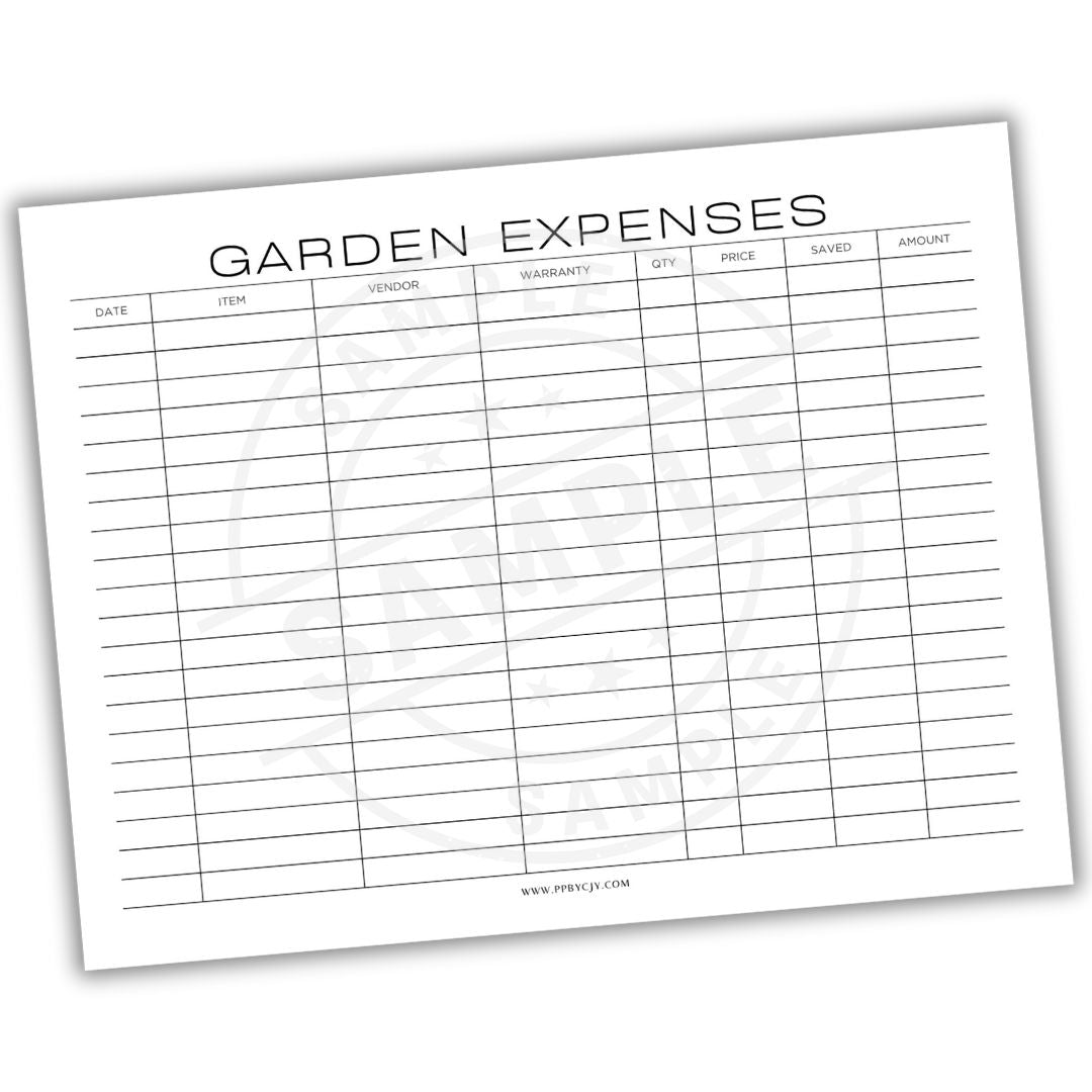 Sheet titled 'Garden Expenses' with columns for date, item, vendor, quantity, price, saved, and amount.