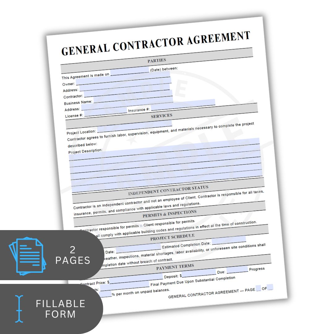 General contractor agreement form with two pages and fillable fields on a white background