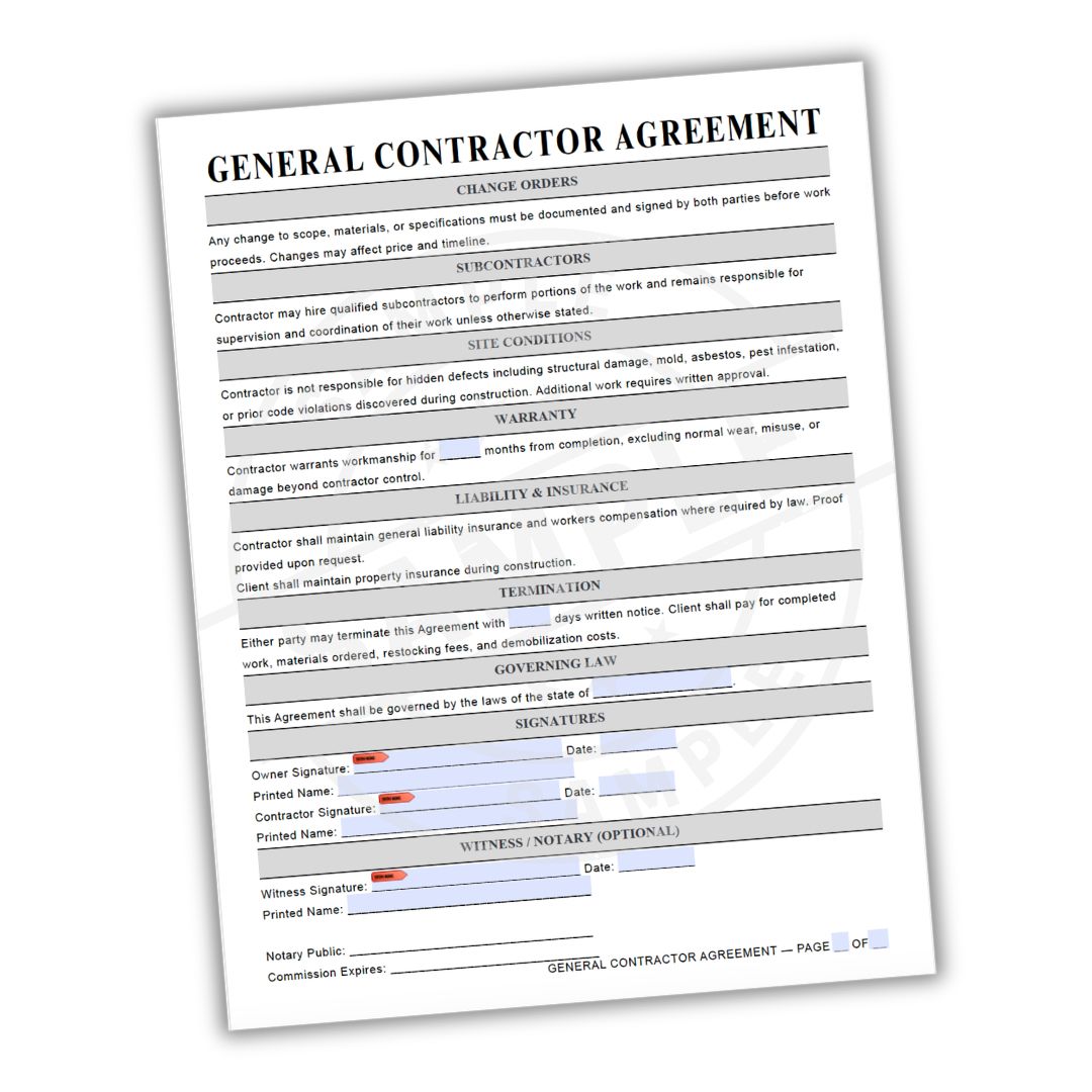 General contractor agreement form on a white background