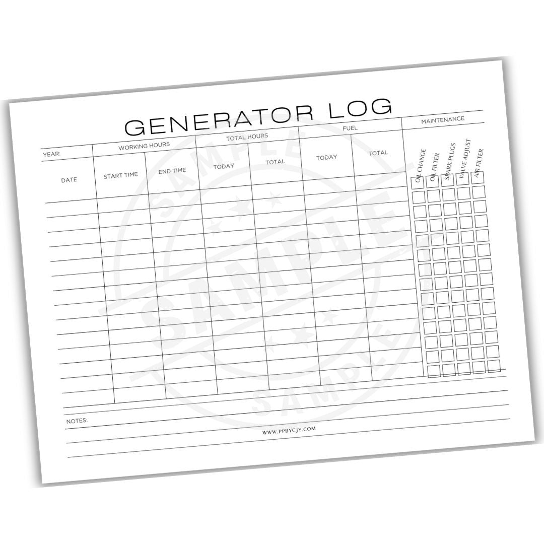 Generator log sheet with columns for date, working hours, total hours, fuel, and maintenance.
