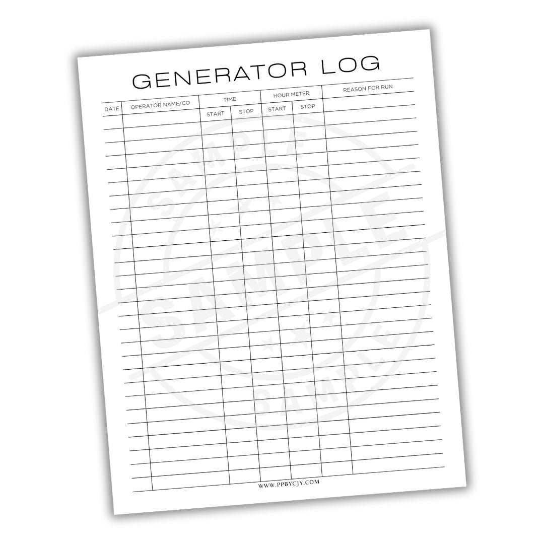 Generator log sheet with columns for date, operator, time, hours used, and reason for use on a white background.