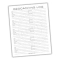 Geocaching log sheet with columns for date, location, latitude, longitude, and notes on a white background.