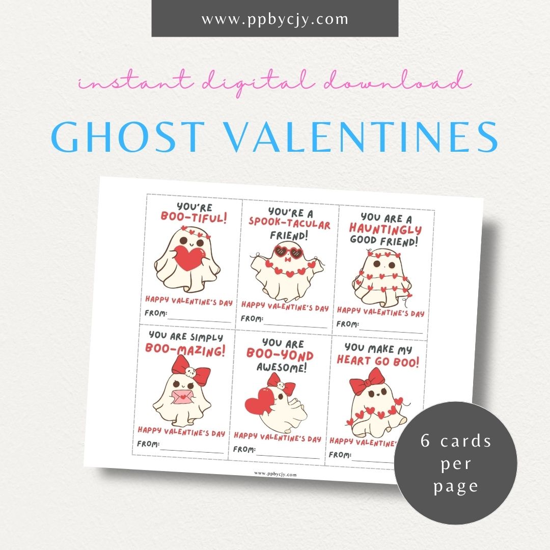 Ghost-themed Valentine’s Day cards with cute ghost designs and fun ghost-themed quotes for a spooky yet sweet Valentine’s greeting.