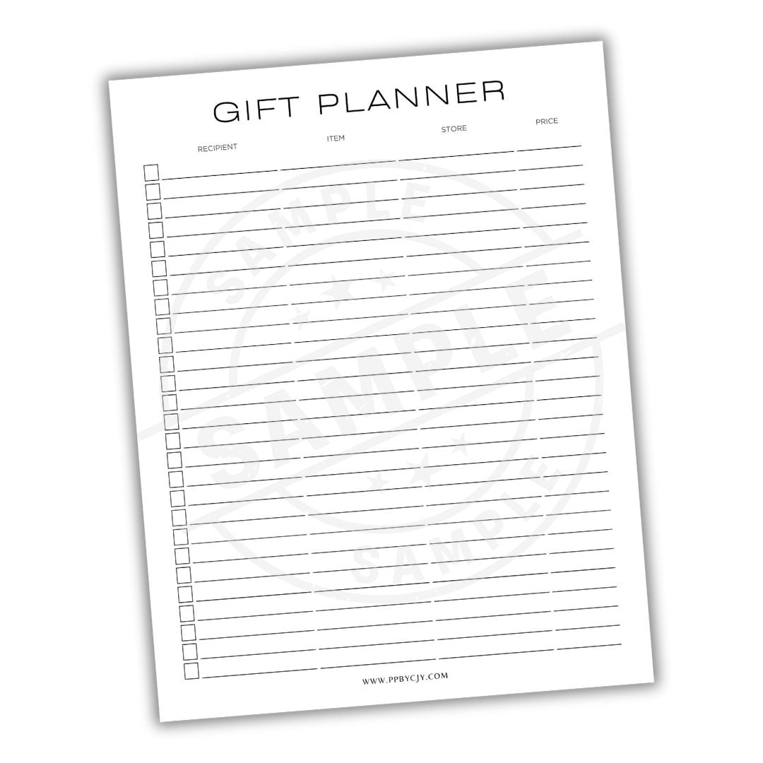 Gift planner sheet with columns for recipient, item, store, and price on a white background.