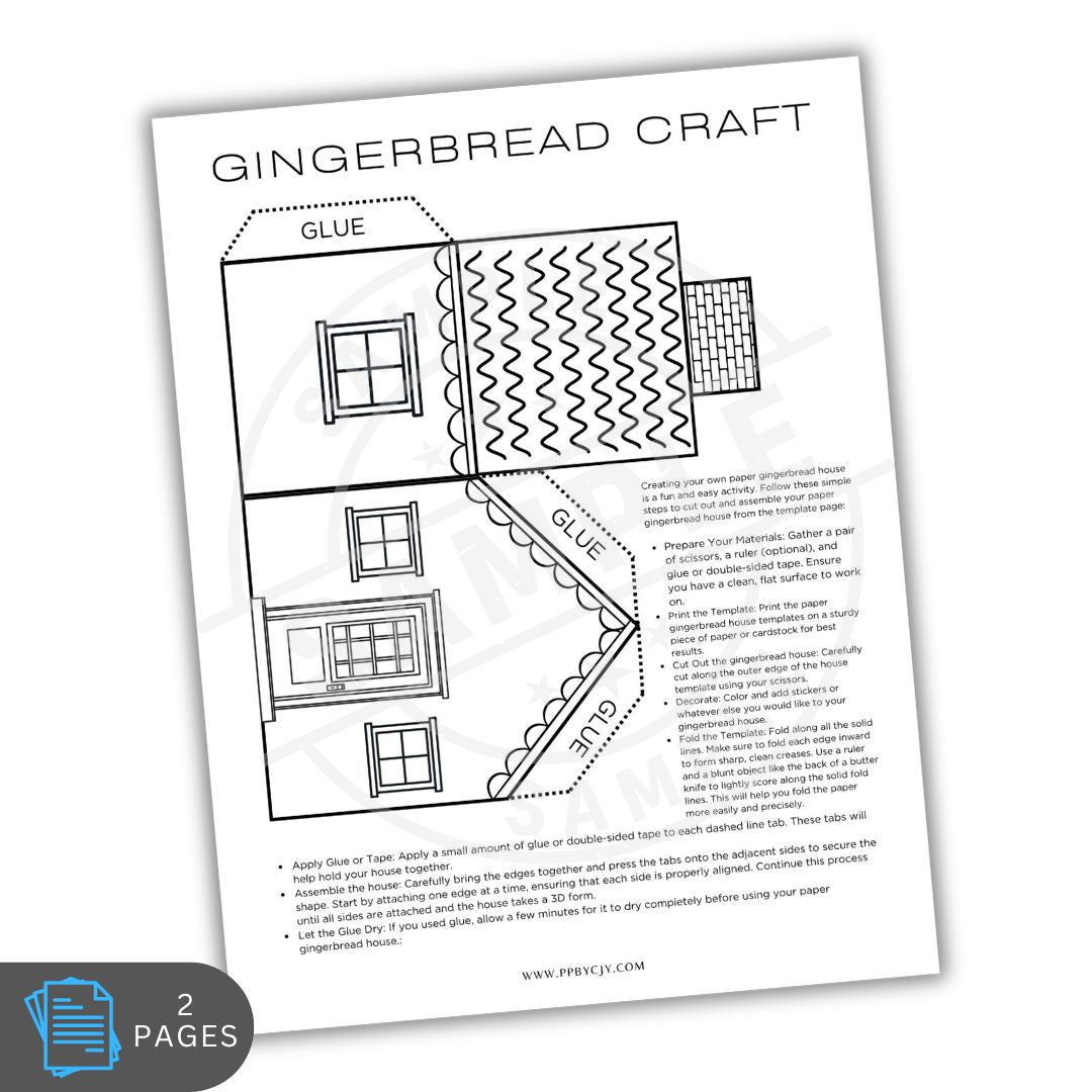 Gingerbread house craft template with instructions on a white background