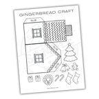 Gingerbread craft template with various elements to be glued onto a house outline.