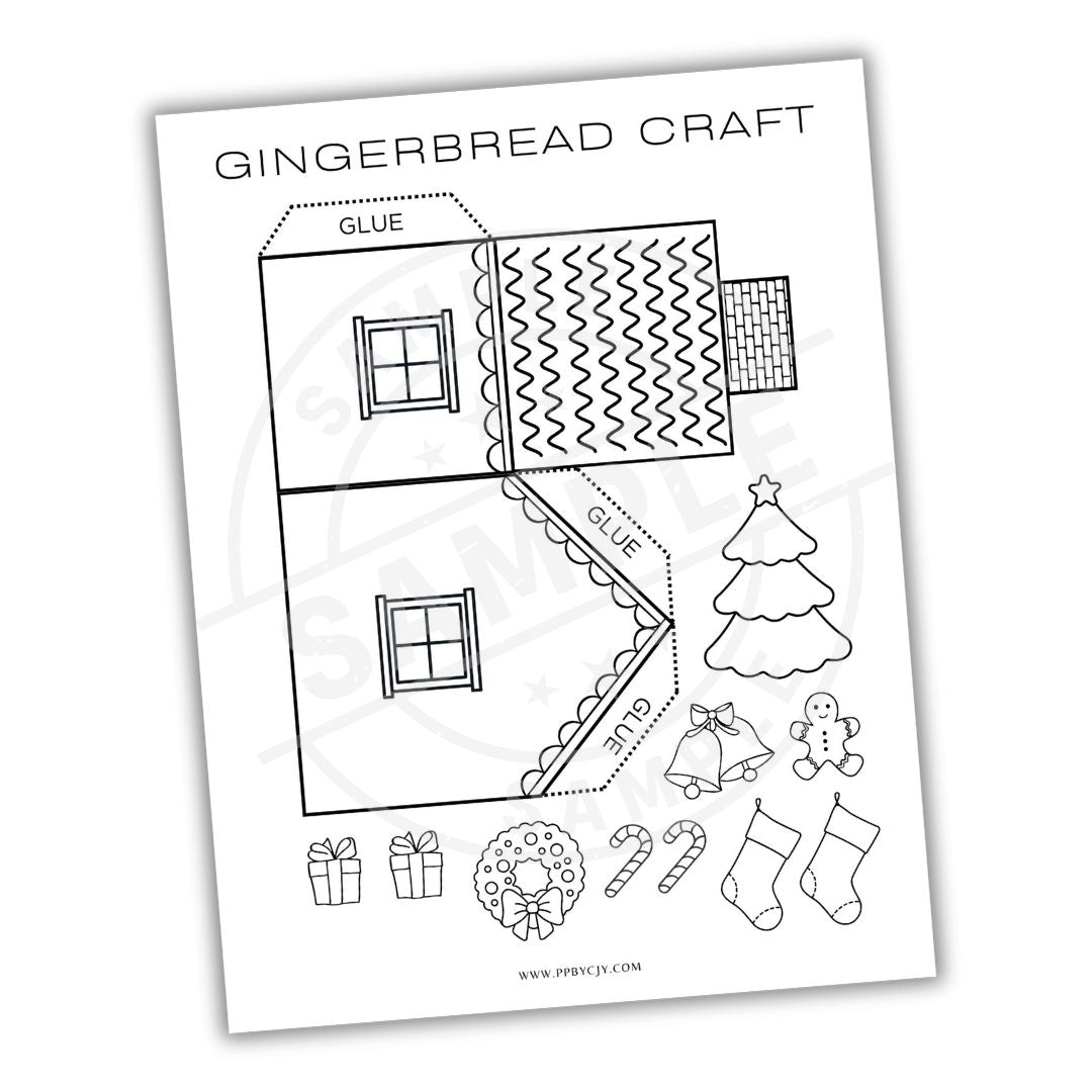 Gingerbread craft template with various elements to be glued onto a house outline.