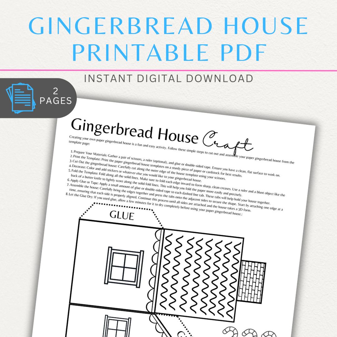 Printable gingerbread house template with festive decorations, candy details, and space for creative coloring and customization.

