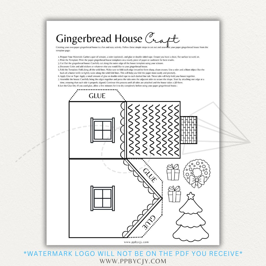 Printable gingerbread house template with festive decorations, candy details, and space for creative coloring and customization.

