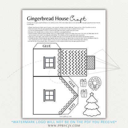 Printable gingerbread house template with festive decorations, candy details, and space for creative coloring and customization.

