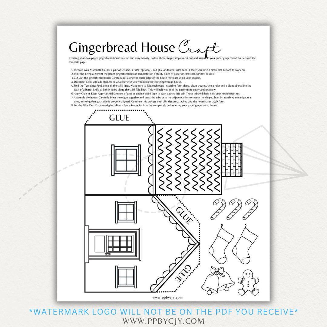 Printable gingerbread house template with festive decorations, candy details, and space for creative coloring and customization.

