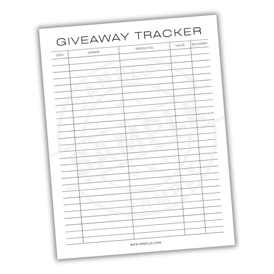 Giveaway tracker sheet with columns for date, winner, products, value, and delivered.
