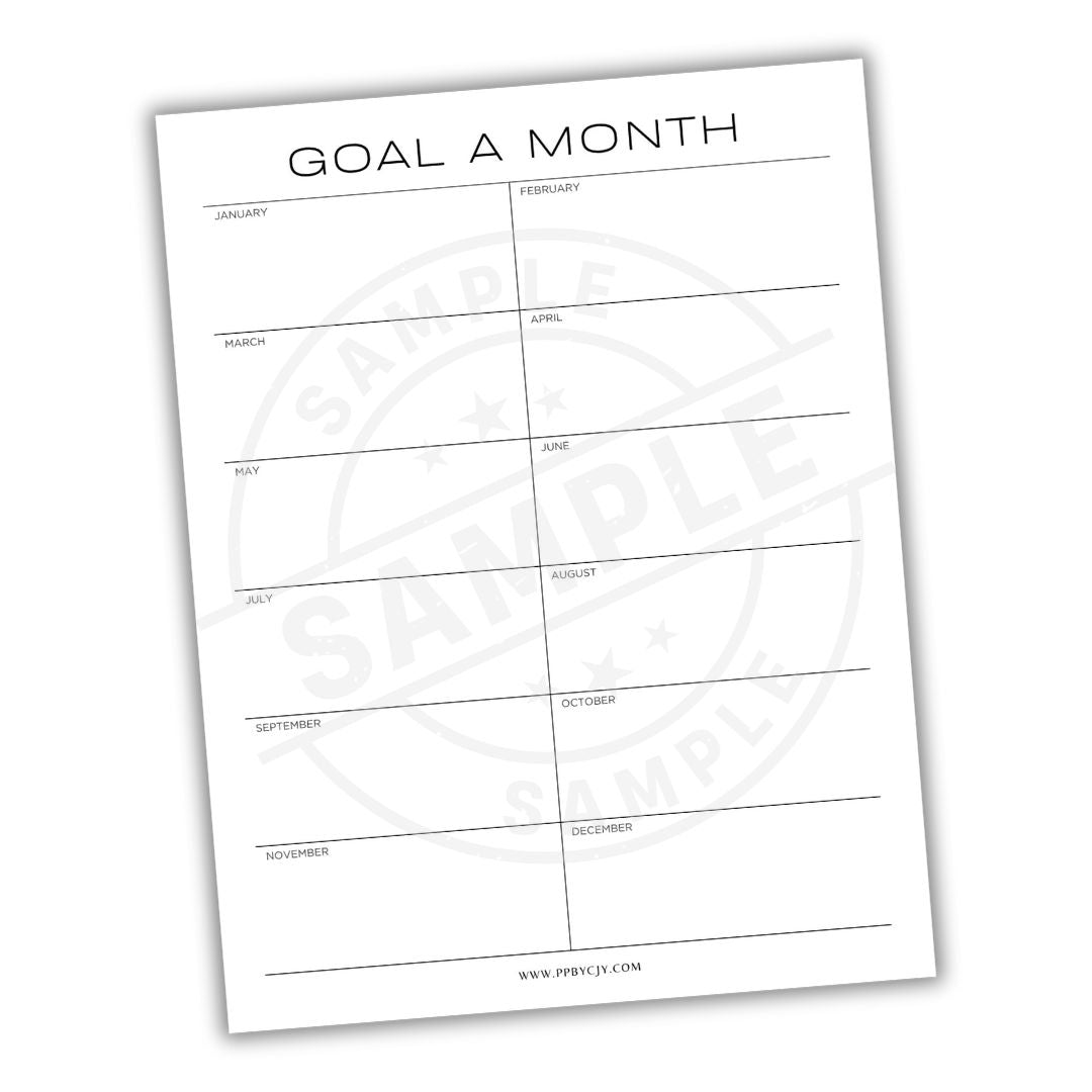 Goal a Month planner sheet with months listed on a white background