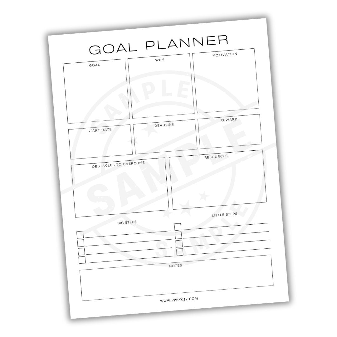Goal planner sheet with various sections on a white background