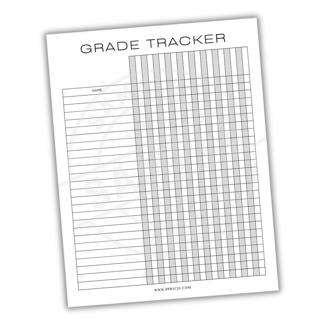 Grade tracker sheet with grid and lines for notes on a white background