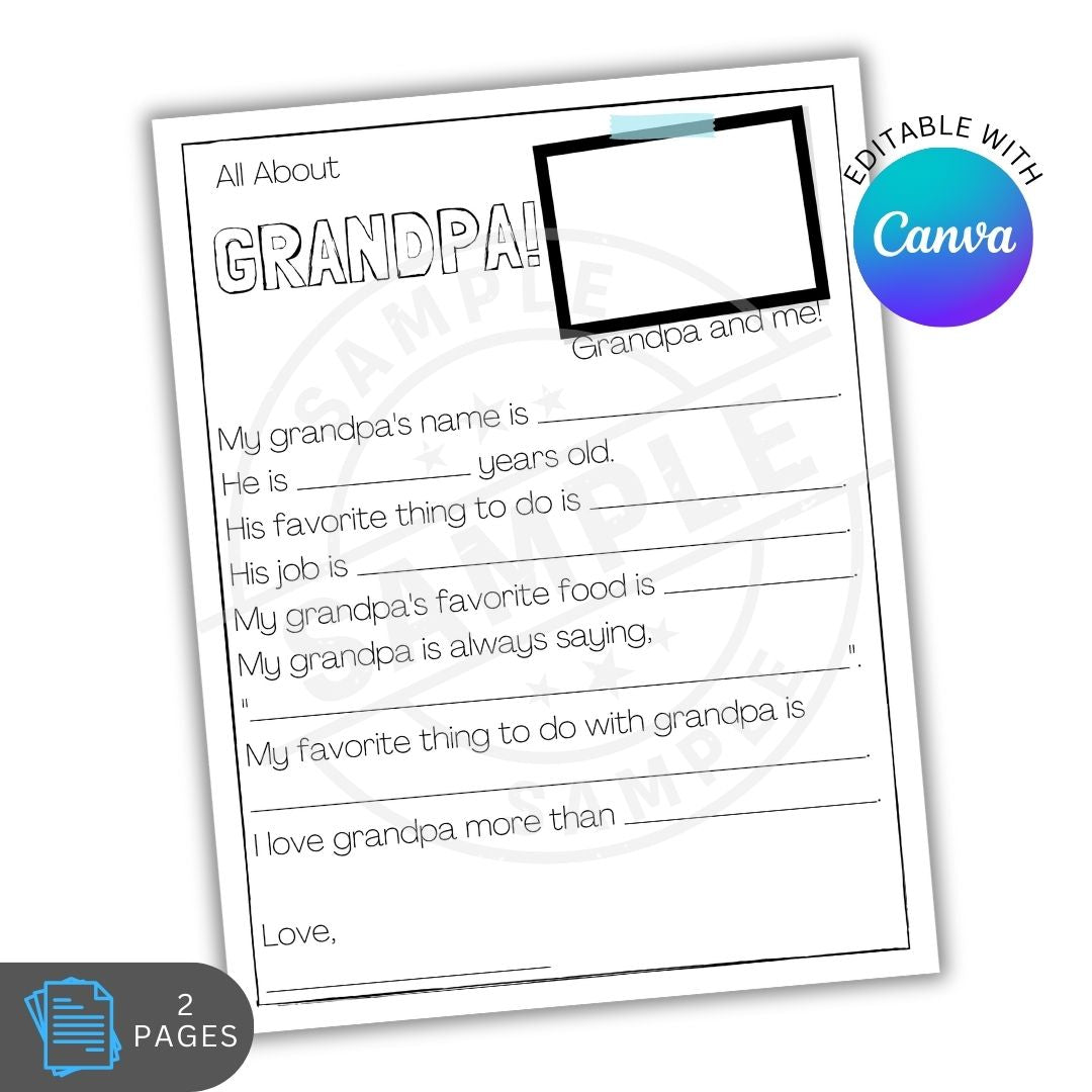 Questionnaire titled 'All About Grandpa!' with Canva branding on a white background