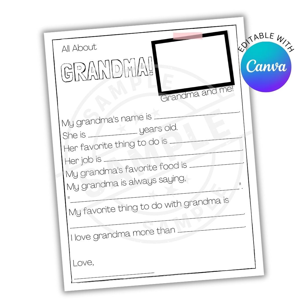 Blank questionnaire titled 'All About Grandma' with Canva logo on a white background