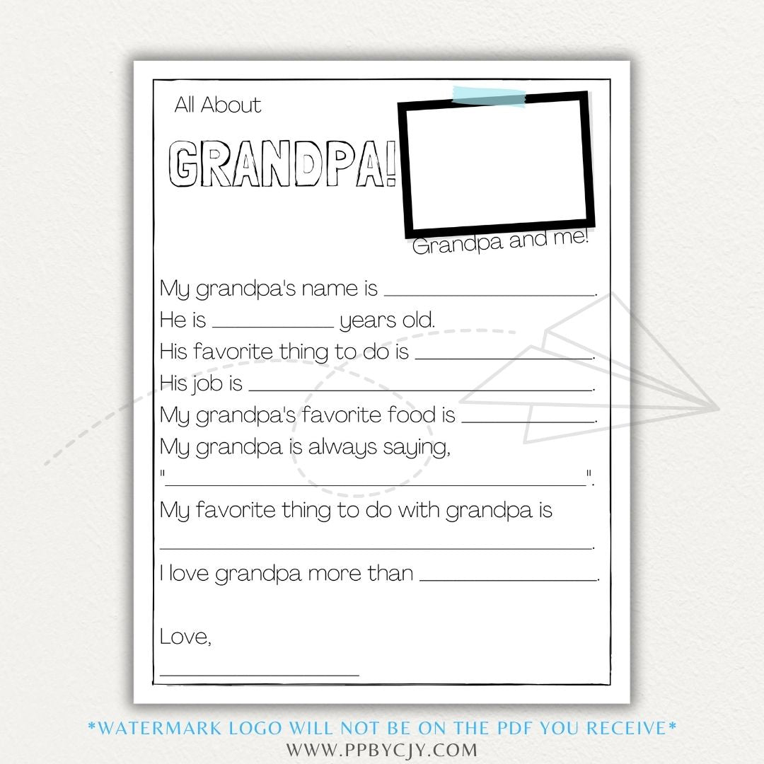 All About My Grandma & All About My Grandpa Quiz Sheets Printable PDF with fun questions for kids to fill out.