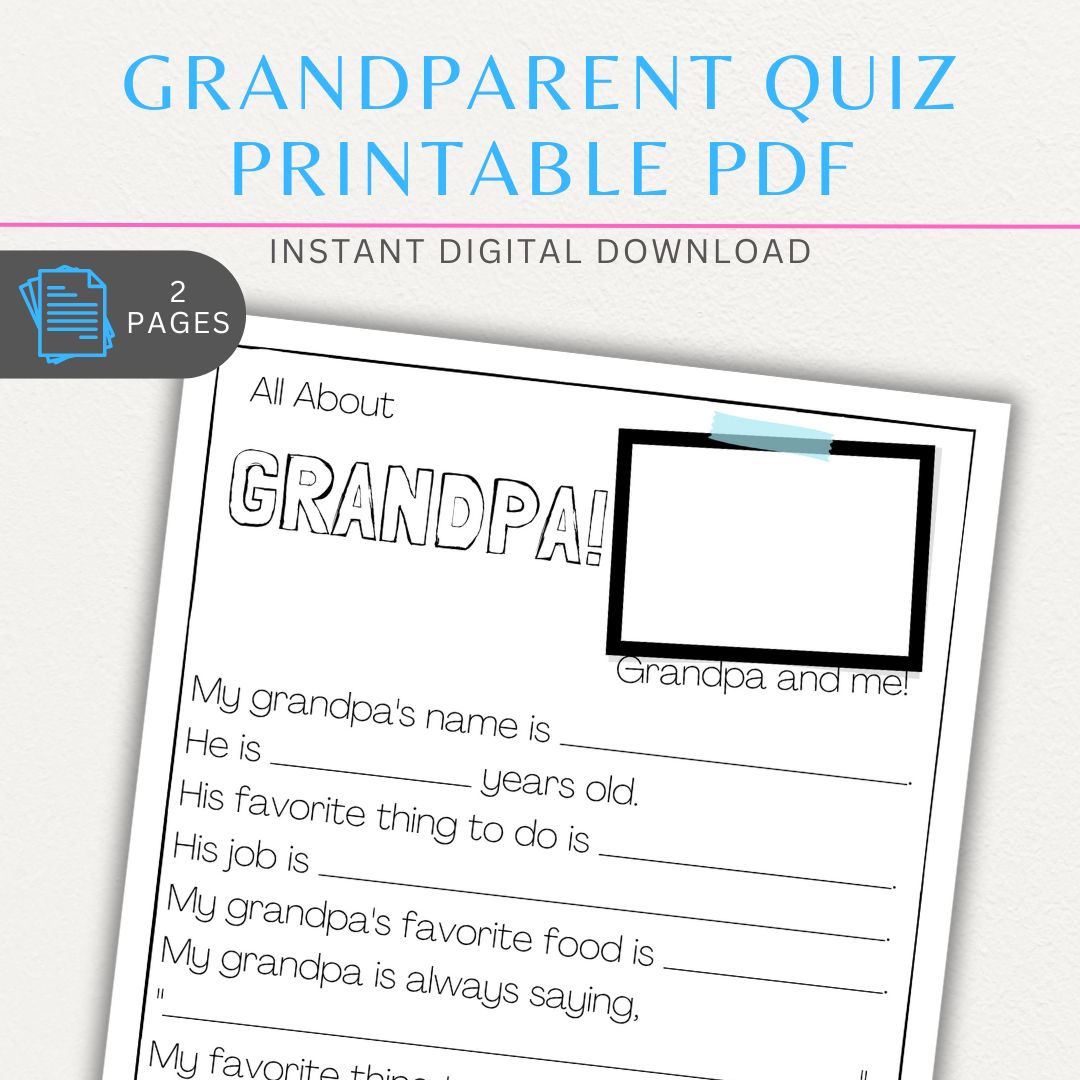 All About My Grandma & All About My Grandpa Quiz Sheets Printable PDF with fun questions for kids to fill out.