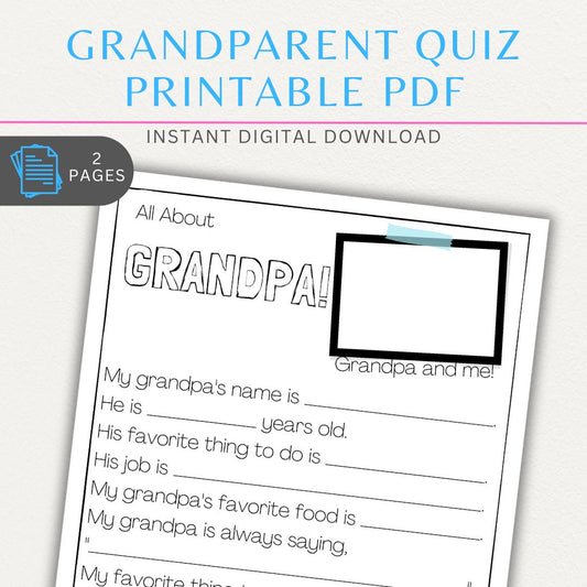 All About My Grandma & All About My Grandpa Quiz Sheets Printable PDF with fun questions for kids to fill out.