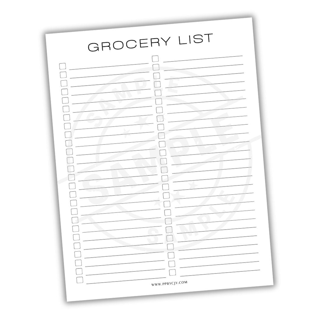Blank grocery list sheet with checkboxes on a white background