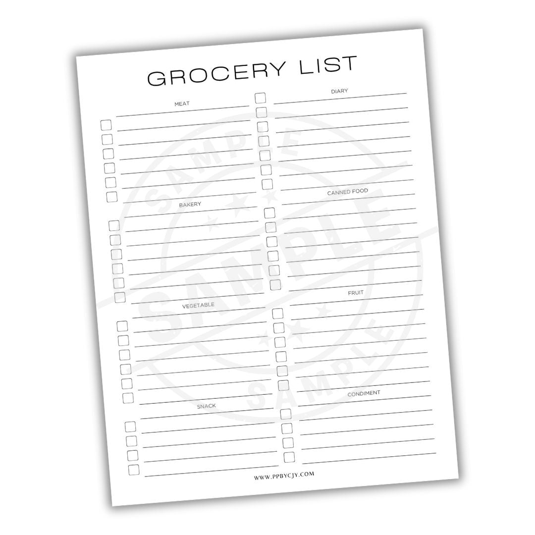 Blank grocery list sheet with categories and checkboxes on a white background