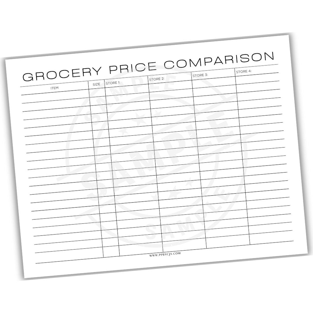 Grocery price comparison sheet with columns for item, size, and stores.