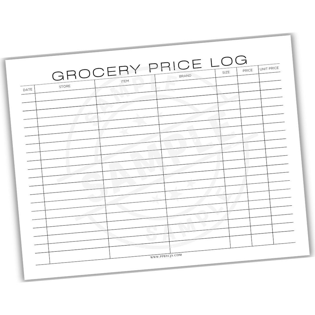 Grocery price log sheet with columns for date, store, item, brand, size, price, and unit price.