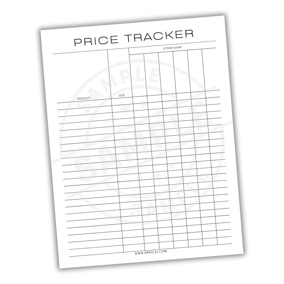 Price tracker sheet with columns for product name and price on a white background