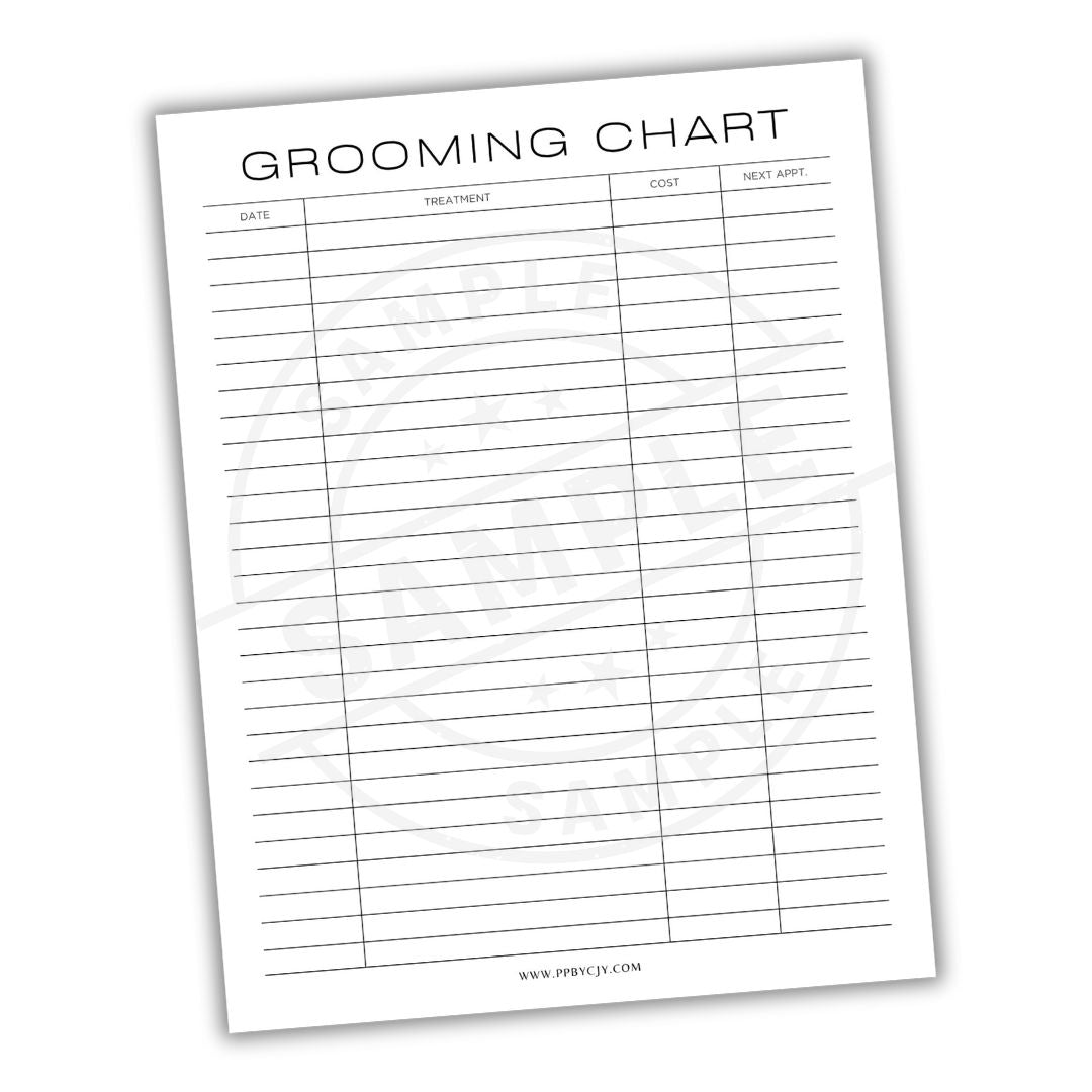 Grooming chart with columns for date, treatment, cost, and next appointment on a white background.