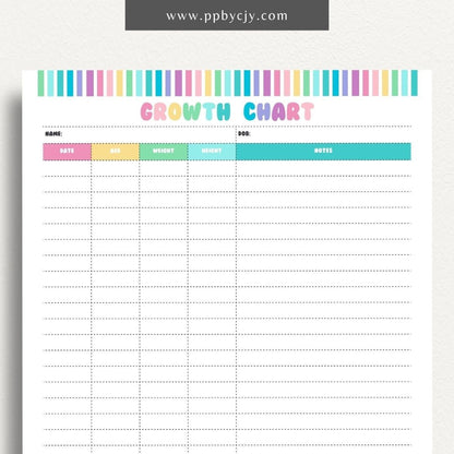 printable template page with columns and rows related to kids growth
