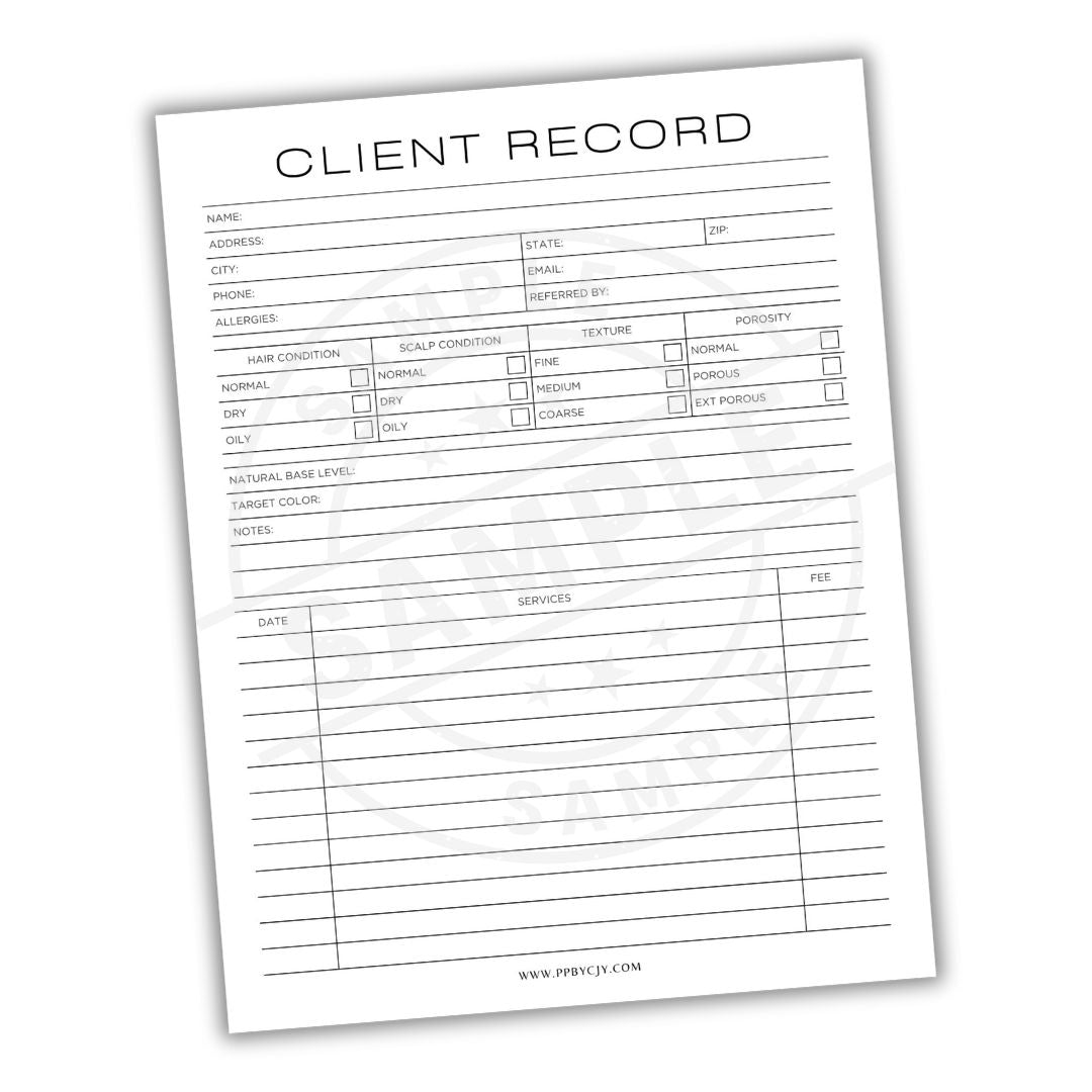 Client record form on a white background